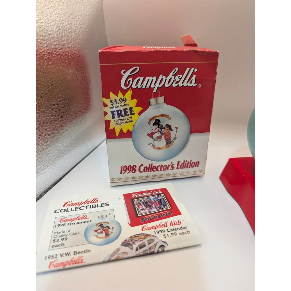 Campbells Soup 1998 Collectors Edition Glass Ornament Snowman Kids Blue Vintage